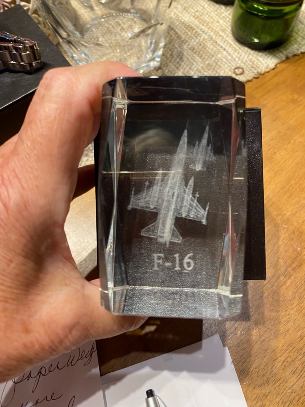 F-16 paperweight. 3 3/8” square laser etched glass. Like new